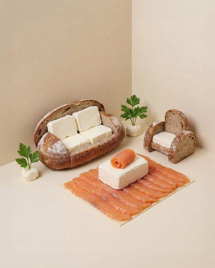 miniature de canapés de campagne aux coussins de fromage frais et petits roulés de poisson fumé sur table beurrée et tapis de saumon