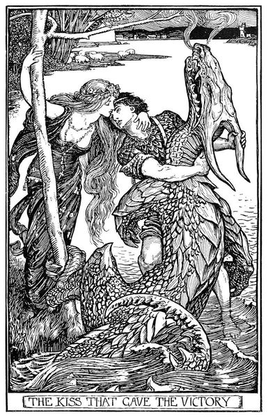 A woman leans forward to kiss a man who holds a subdued dragon in his arms.