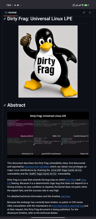 An dirtyfrag's Github Page with a set between images on above and description about dirtyfrag exploitation on below.