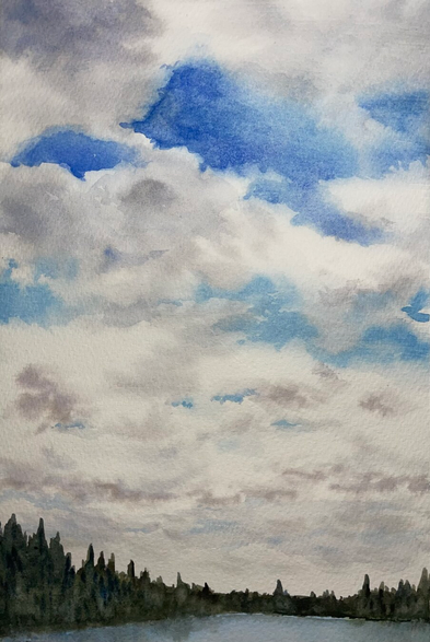A dramatic watercolor skyscape dominated by towering billowing clouds in white and gray with vivid blue breaking through, above a dark silhouetted evergreen treeline reflected in a calm sliver of water below.