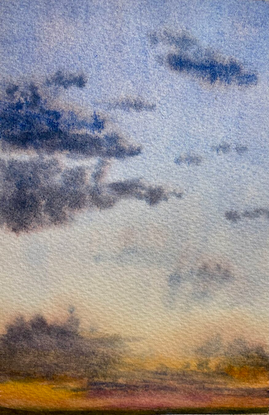 A moody watercolor twilight scene where dark, dramatic clouds drift across a soft periwinkle sky that fades to warm golden and amber hues near a shadowy treeline along the horizon.
