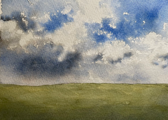 A minimalist watercolor landscape with a flat olive-green field anchoring the bottom and a dramatic, expansive sky above filled with billowing clouds in shades of white, gray, and deep blue.