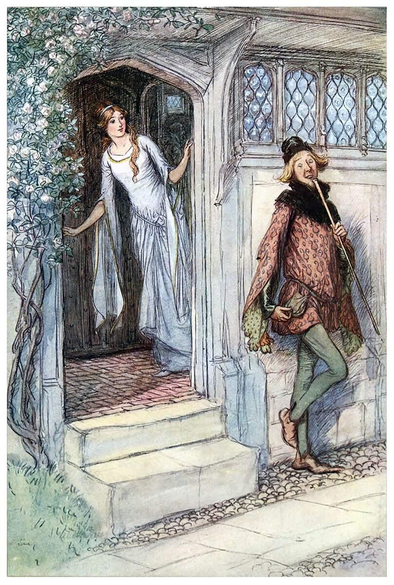 A man leans against a wall, toying with his cane, beside a doorway where a young woman appears.