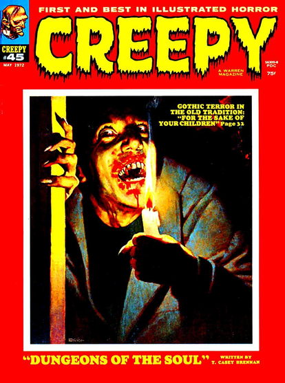 A vampire-looking figure, with clawed fingers and an open mouth showing fangs and blood smeared around it, is appearing from darkness with a candle, held in its fist, between the viewer and its face, lighting it dramatically.
Creepy magazine cover May 1972.
