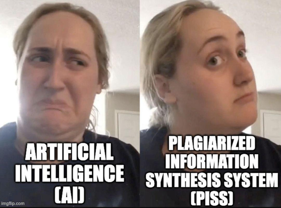 Meme Image left side: disgusted face with the caption Artificial Intelligence (AI)
right side: Approving Face with the caption Plagiarized Information Synthesis System (PISS)