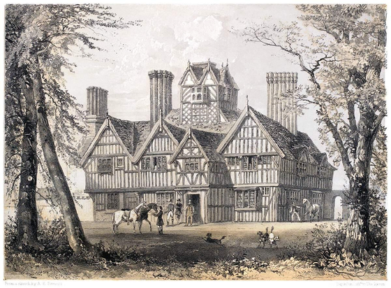 Lithotint depicting Oak House, a multi-story timber-framed manor house, dating to the 1620s. The structure features a roofline with multiple gables and several tall chimney stacks rising above the ridge. A central upper section includes a bay window with decorative timber framing. The grounds are animated by staffage of pedestrians and horses, while mature trees frame the composition on either side.