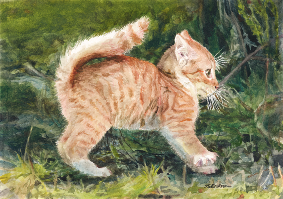 This is a watercolor painting of a striped orange kitten on a grassy field. The kitten is facing to the right, its back is stretched upwards and the tail is against its back. The back legs are bent and one of its front legs is slightly off the ground.