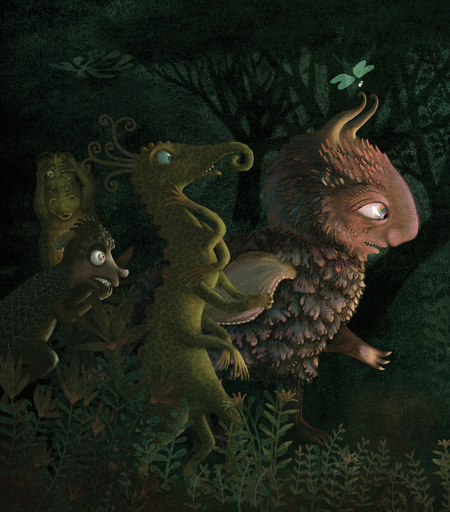 A strange crowd of monsters march through a dark green forest. A small blue monster with bright yellow eyes watches from the side. (partial image)