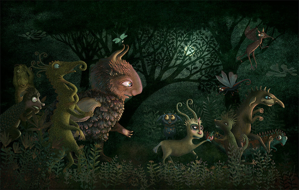 A strange crowd of monsters march through a dark green forest. A small blue monster with bright yellow eyes watches from the side. (FULL image)