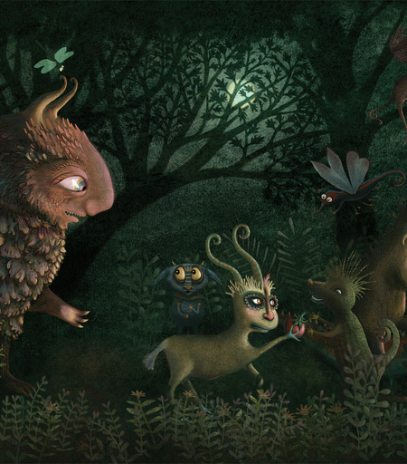 A strange crowd of monsters march through a dark green forest. A small blue monster with bright yellow eyes watches from the side. (partial image)