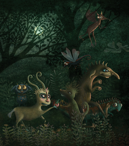 A strange crowd of monsters march through a dark green forest. A small blue monster with bright yellow eyes watches from the side. (partial image)
