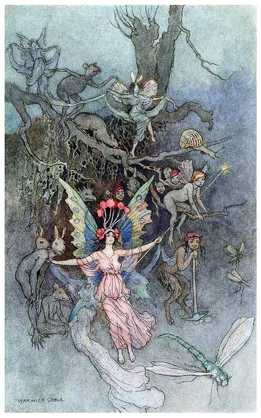 A fairy with brightly colored wings and antennae stands before a burrow entrance beneath the roots of an old tree, surrounded by a gathering of Little Folk.