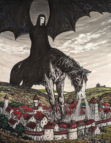 la mort en cavalier de l’apocalypse dont la gigantesque monture étique souffle par ses naseaux la maladie mortelle sur la ville fortifiée