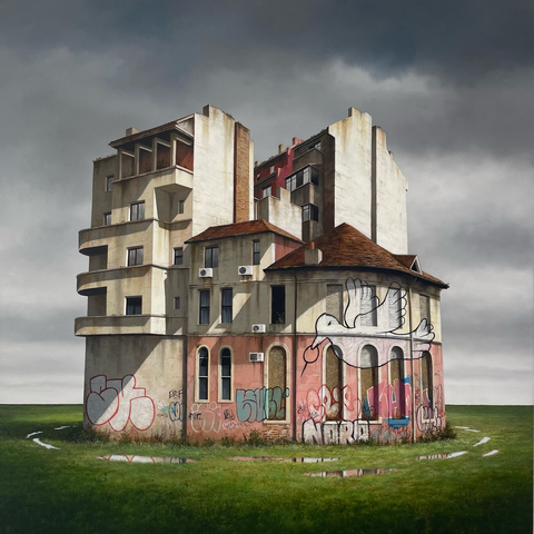 A painting by Lee Madgwick depicting a small group of tall dwellings. Graffiti and a mural of a dove holding a grenade pin are daubed on the nearest buildings. 