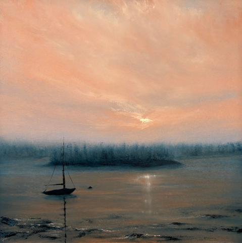 An original seascape oil painting by Tisha Mark, "High Head Sunrise" 12"x12" oil on cradled Ampersand Gessobord (2026). A peaceful bay with a silhouetted view of a sailboat as day breaks. Painted light from the orange-toned sky reflects in the water below, and islands are seen in the distance.  