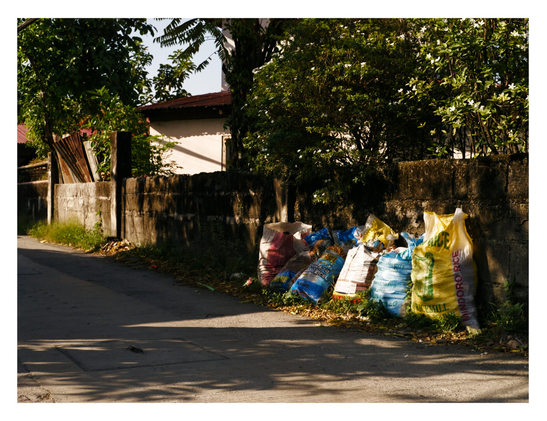 Several large, filled woven sacks, including some labeled as rice bags, are piled along the side of a paved road next to a weathered concrete wall. The scene is illuminated by strong, angled sunlight that casts long shadows across the street, with trees, foliage, and part of a house visible in the background. - Google Gemini 3.1 Pro Preview