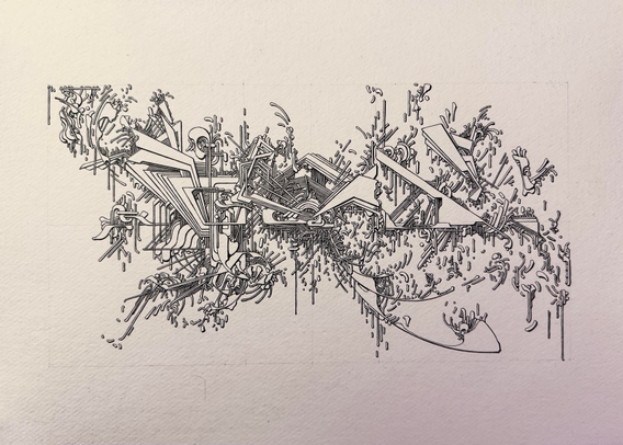 An abstract drawing on paper. Fine lines create a contrast of organic and angular shapes. Crumbling. Exploding. Deteriorating. Or reforming.