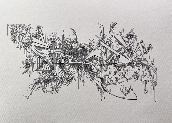 An abstract drawing on paper. Fine lines create a contrast of organic and angular shapes. Crumbling. Exploding. Deteriorating. Folding. Reforming.