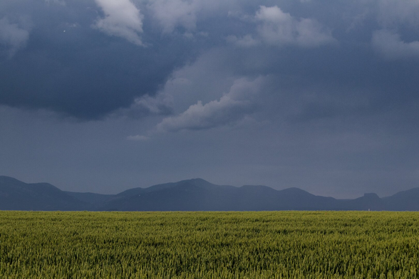 Español: campo verde bajo un cielo tormentoso de nubes oscuras, con una cadena montañosa al fondo envuelta en neblina.

English: green field under a stormy sky with dark clouds, mountain range in the background shrouded in mist.
