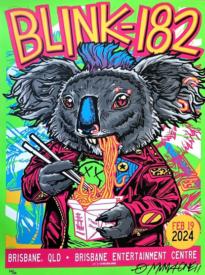 A-Koala

A colorful poster featuring a koala with human-like characteristics, eating ramen, for a Blink-182 concert in Brisbane, Feb 19, 2024.