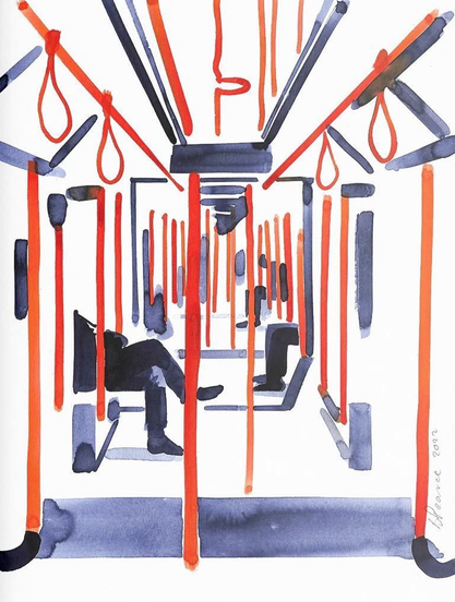 A minimalist watercolor and ink sketch of the interior of a subway. The artist uses vibrant orange for the vertical poles and the circular hand-loops hanging from the ceiling. The seated passengers are represented by simple, dark blue or black silhouettes. The perspective leads the eye down the center of the car toward the back, with plenty of white space left to give the drawing a clean, modern feel.