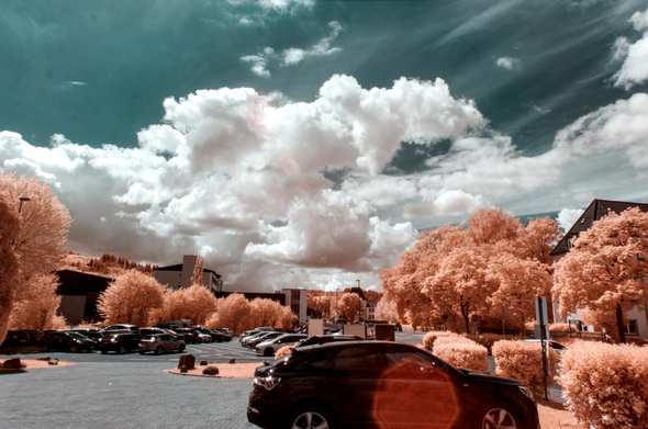 A parking lot with trees left and right, and massive white clouds above.