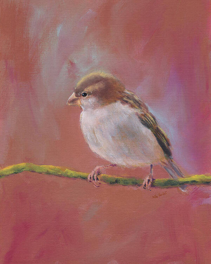 A female sparrow with soft, fluffy plumage is sitting on a slender branch. The bird is looking to the left. The delicate feathers of the small bird are painted in various shades of brown with loose, gentle brushstrokes. The background is painted abstractly in warm brown, purple and earthy tones.
Sparrow meeting part three is an acrylic painting in portrait format hand-painted by the artist Karen Kaspar.
This painting is part of my mini-series of three paintings - Sparrow Meeting One, Two and Three. Each of these paintings shows a female sparrow sitting on a branch. Each of these pictures can be hung on its own. However, the three paintings can also be perfectly combined to a triptych and hung together on a wall for a joint sparrow meeting.