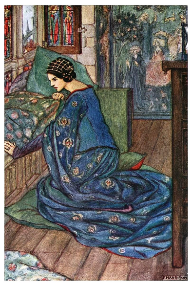 A woman kneels beside her bed, lost in thought, as an open stained-glass window frames a distant Gothic building.