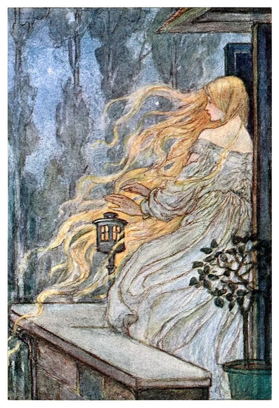 A woman stands on a balcony at night, warming her hands over a small brazier or lantern as her loose, flame-like hair catches the wind.