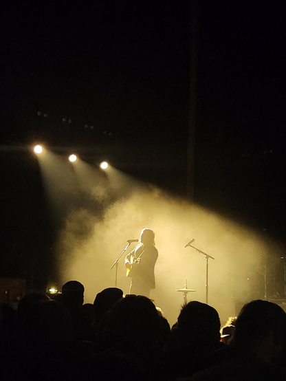 A photo of a dark concert hall. The stage lights backlight a man with a guitar standing in a haze of smoke. The heads of the crowd show as silhouettes.