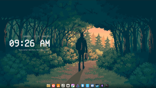 print da minha área de trabalho. o wallpaper em tons verdes e amarelos e é uma pixelart de um veado atropomorfo de costas, caminhando numa trilha de uma floresta com uma mochila e uma sacola na mão. à esquerda com fontes pixeladas também, o dia (sábado, 17 de janeiro), abaixo e maior a hora (09:26 A M) e abaixo novamente o trecho de uma música ("se eu cantar não chore não, é só poesia"). na parte de baixo na tela e também centralizado uma barra com ícones de aplicativos (arquivos, firefox, v l c, rythmbox, ink scape, krita, jellyfin, libre office, heroic games, captura de tela, steam, obsidian e terminal)