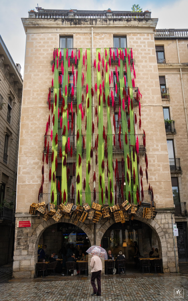 Color photo of a person holding an open umbrella walking past a five story building with an art installation composed of long green strips of cloth-looking material with red sheaves of flowers (or grain?) attached, that are hanging down from the top floor’s balcony all the way down to just above the covered arcade space on the ground floor in which people are seated at tables. At the bottom of the strips, tied to the bottom of first floor balcony, is a cluster of numerous, small, charred wooden crates.