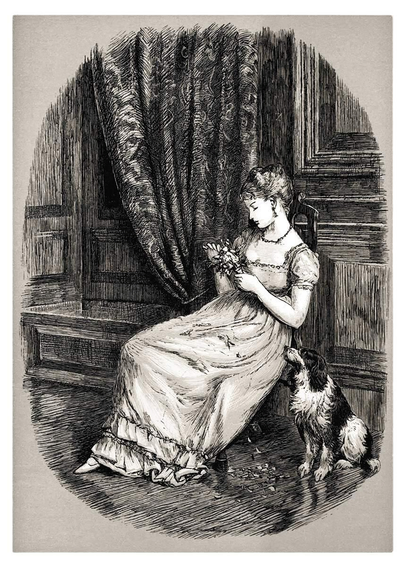 A young woman sits in the corner of a wood-paneled room, a dog resting at her side, as she idly plucks at a small bouquet, her expression dreamy and listless.
