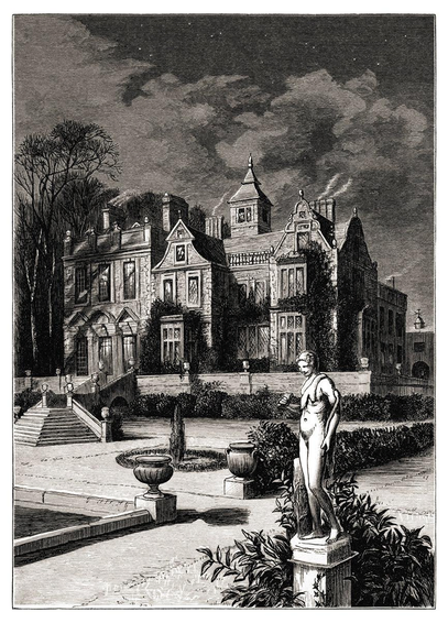 Night view of a country house, with a statue in the foreground and a surrounding estate featuring a pond, decorative urns, and low hedges.