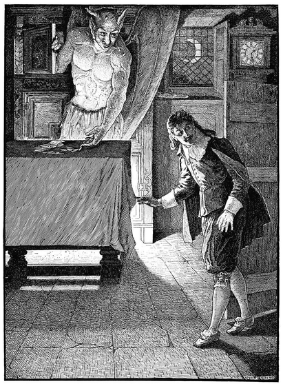 A man in seventeenth-century attire creeps into a dimly lit room at night, while a tall, demonic figure props a cabinet door ajar and sets money upon a table.