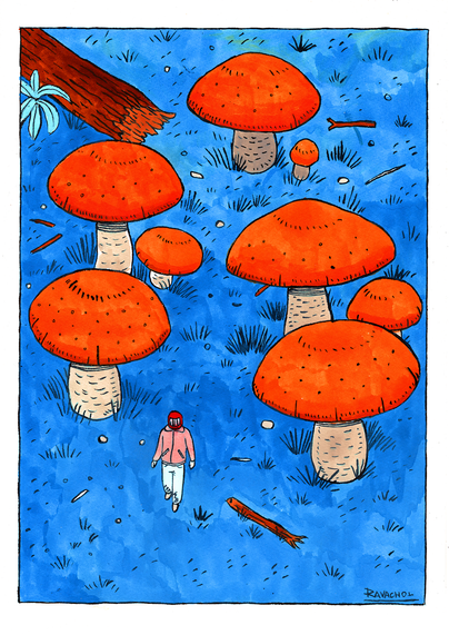 A bunch of red and white mega mushrooms and a man walking around with a helmet on.