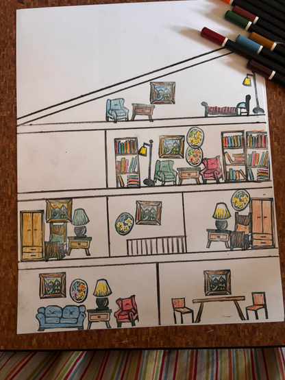 A white page with the simple black line outline of a house with stamped furniture and decorations.  The furniture and decorations have been colored with colored pencils. 