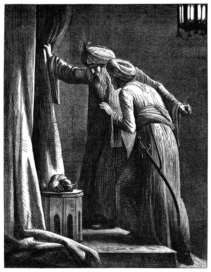 By the light of a lantern, two men in turbans stand before parted curtains, gazing down in dismay at a form obscured from view.

