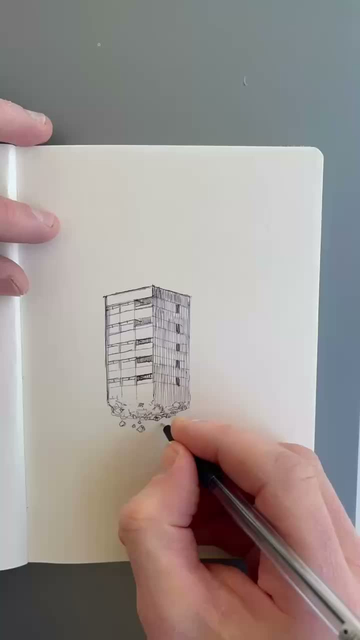 A painting by Lee Madgwick of a floating and crumbling rock/tower block