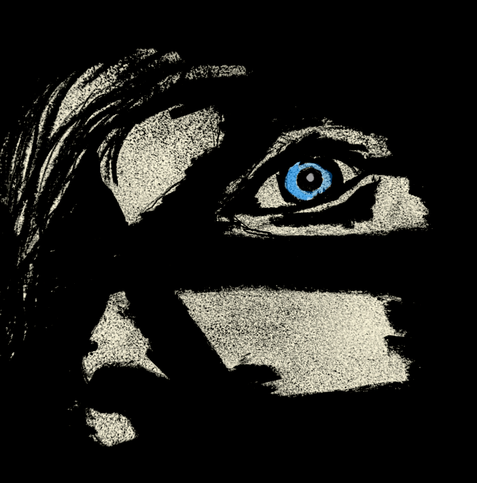 A blue eye on a highly contrasted face cast in shadows. Drawn with grainy charcoal.