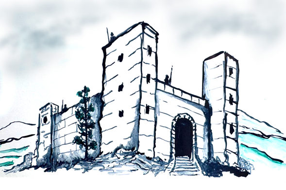 A stone keep with guards along the parapets. Painted with brush and watercolour.