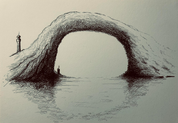 Scifi inspired rock bridge in graphite, with only minimal evidence of civilisation in two very small towers