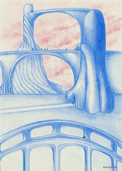 A futuristic city hand drawn ini blue pencil with detailed shading. Purple pencil skies ini the background are purple.