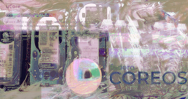 An abstract textured digital collage artwork with an interplay between dark light green and blight pinkish tones. Contains images of HDD disks, ZFS vdev layout guides, the plus logo of Fedora CoreOS and first few lines of the README of "uCore", and some tiny logos of self-hosted services like Jellyfin, Immich and Prowlarr.