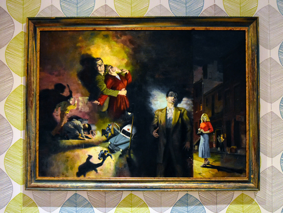 A framed oil painting of a mid-century pulp fiction cover art. The artwork shows multiple suspenseful scenes: a man holding his hand over a woman's mouth, a street confrontation involving police officers and a 50s patrol car, a man in a trench coat, and a woman walking alone down a dark city sidewalk.