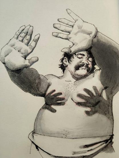 dans un geste de prière, d'imploration et de protection, un homme tend ses bras vers le ciel, l'ombre de ses mains couvre sa poitrine
