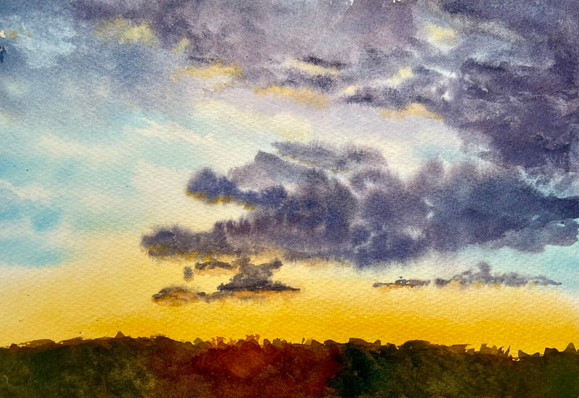A watercolor sunset where deep violet and purple storm clouds churn above a glowing horizon of gold and amber, with a dark silhouetted treeline barely visible at the bottom, creating a powerful contrast between brooding sky and warm, radiant light.