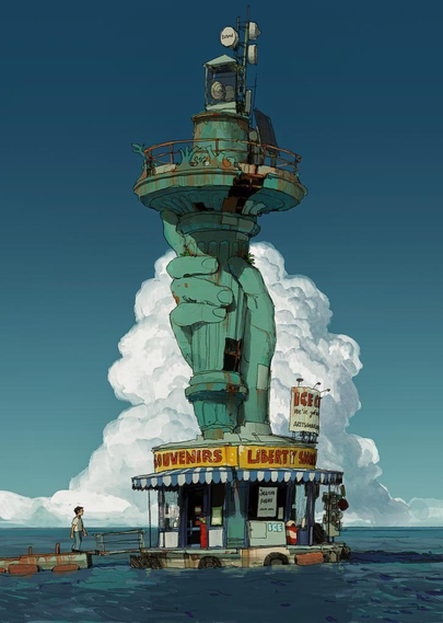 A digital illustration of a quirky, isolated structure floating in the middle of the ocean under a clear blue sky with a massive white cloud. The base is a small souvenir and ice cream shop with a striped awning. Rising from the roof of the shop is a large, weathered green statue hand holding a torch, which has been converted into a lighthouse tower equipped with satellite dishes, communication antennas, and a solar panel. A small figure stands on a wooden dock to the left.