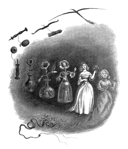 A woman’s figure materializes through a series of successive metamorphoses, passing successively through the forms of a bird, a bow, a bilboquet, and a flower in a vase before vanishing once more.