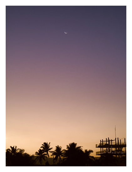 A gradient sky fading from deep purple to warm orange. A delicate crescent moon hangs above the dark silhouettes of palm trees and a multi-level observation tower. - Google Gemini 3.1 Pro Preview